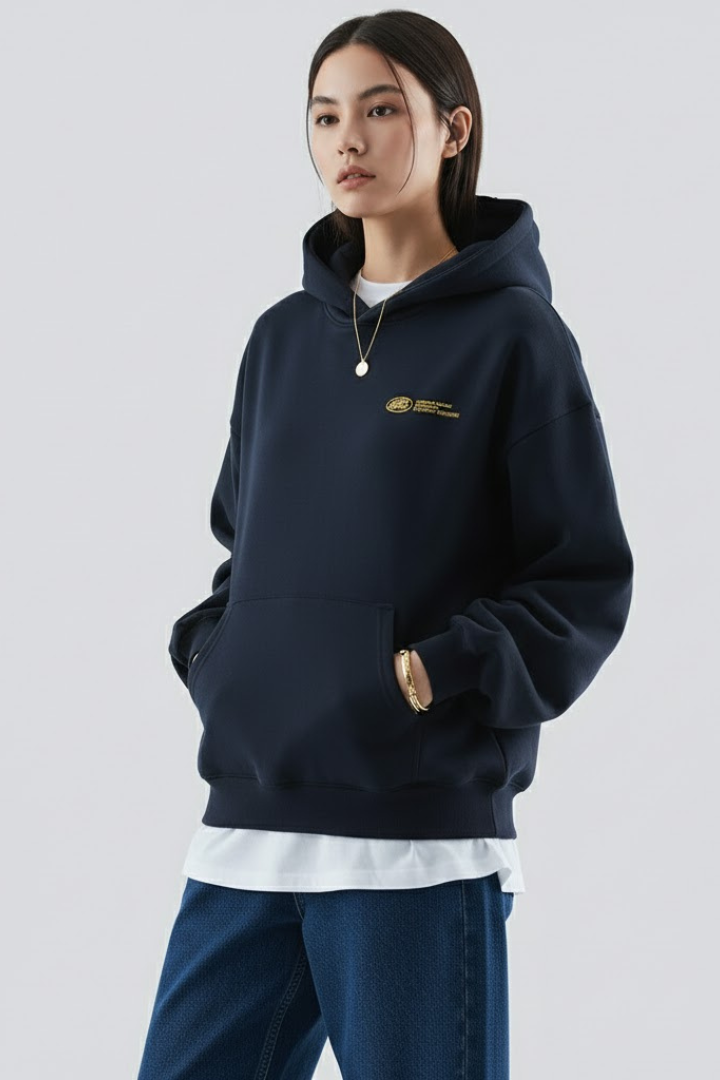 Women's Dark Black Oversized Pullover Hoodie With Graphic Front Print