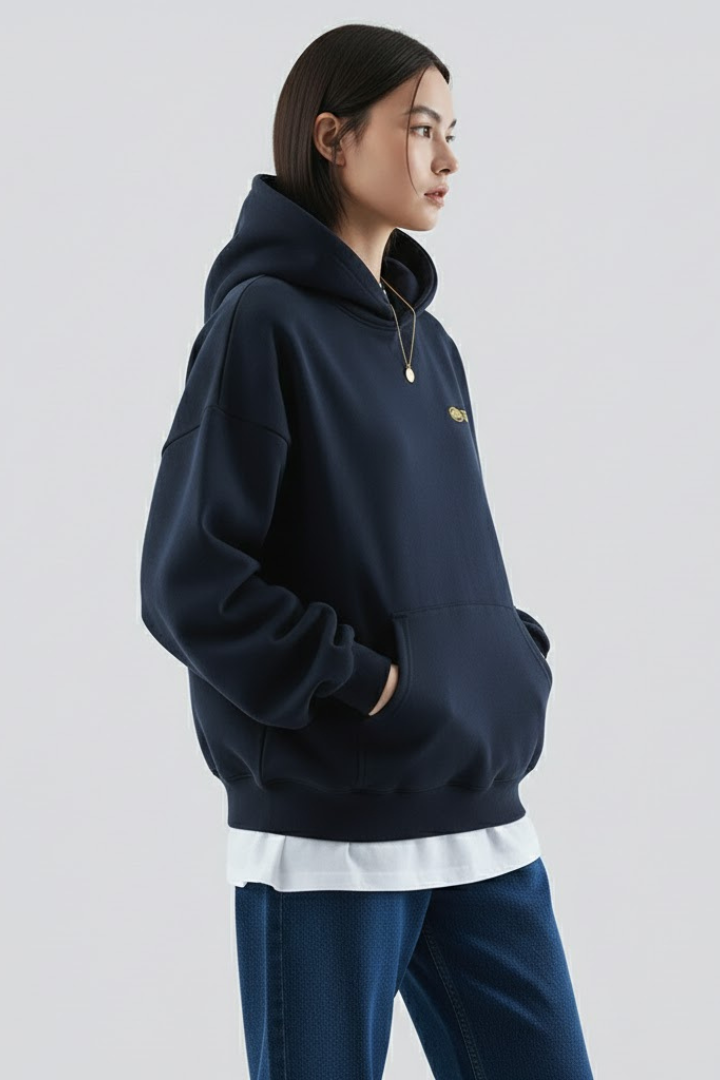 Women's Dark Black Oversized Pullover Hoodie With Graphic Front Print