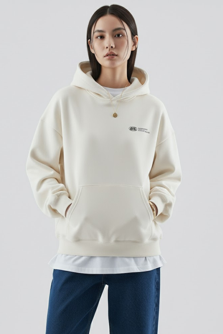 Women's White Oversized Pullover Hoodie With Graphic Front Print