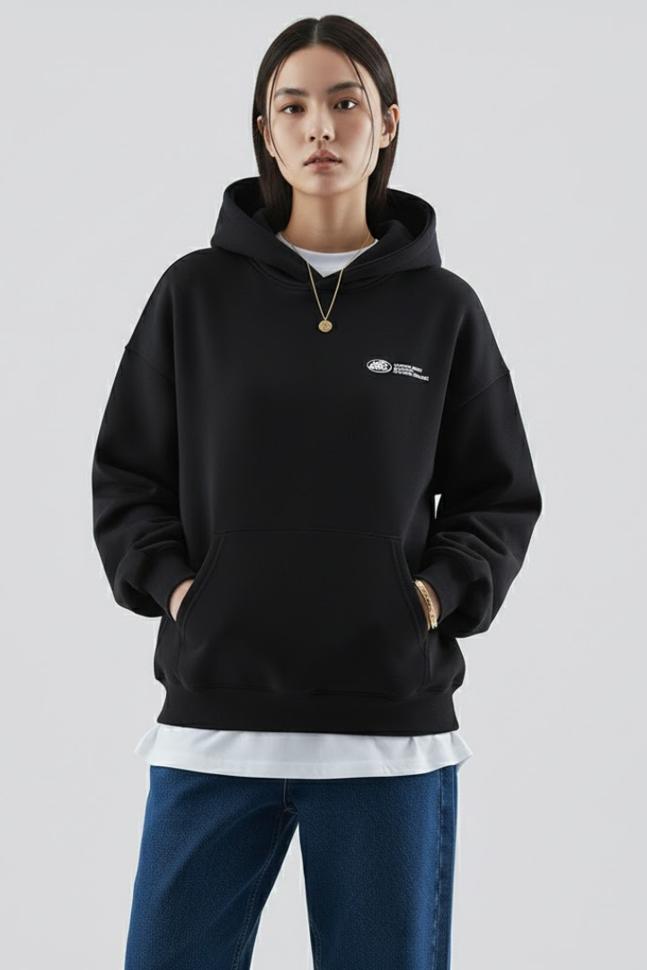 Women's Black Oversized Pullover Hoodie With Graphic Front Print