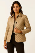 Women's camel diamond quilted jacket with check cuff lining