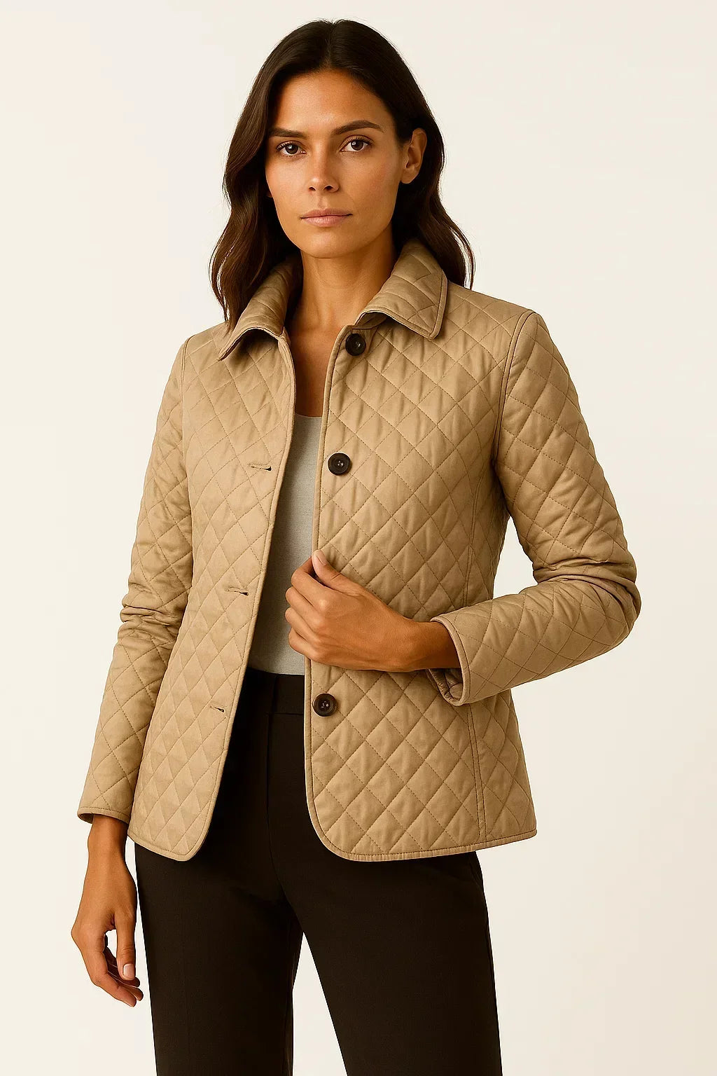 Women's camel diamond quilted jacket with check cuff lining