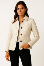 Women's cream diamond quilted jacket with check cuff lining
