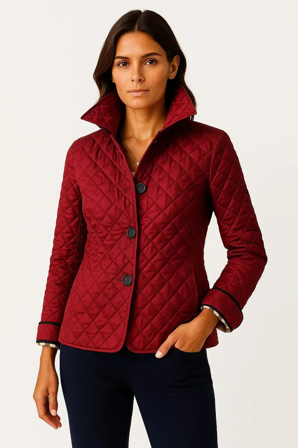 Women's burgundy diamond quilted jacket with check cuff lining