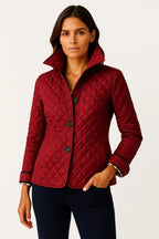 Women's burgundy diamond quilted jacket with check cuff lining