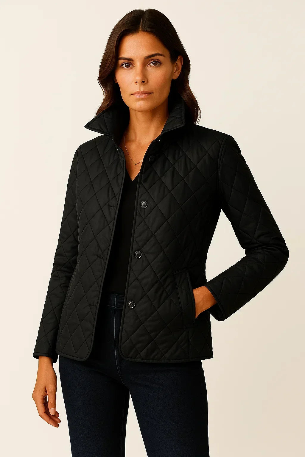 Women's black diamond quilted jacket with check cuff lining