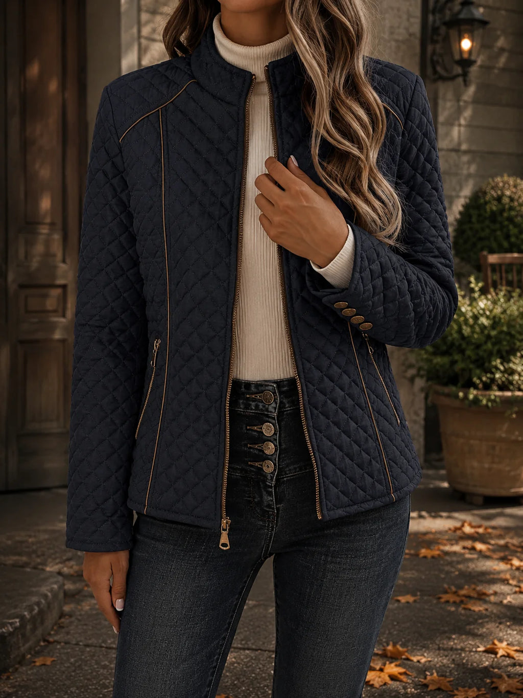 Women's navy fitted diamond quilted jacket