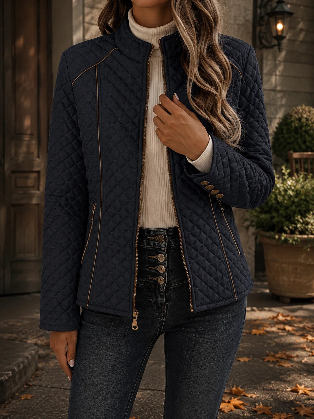 Women's navy fitted diamond quilted jacket