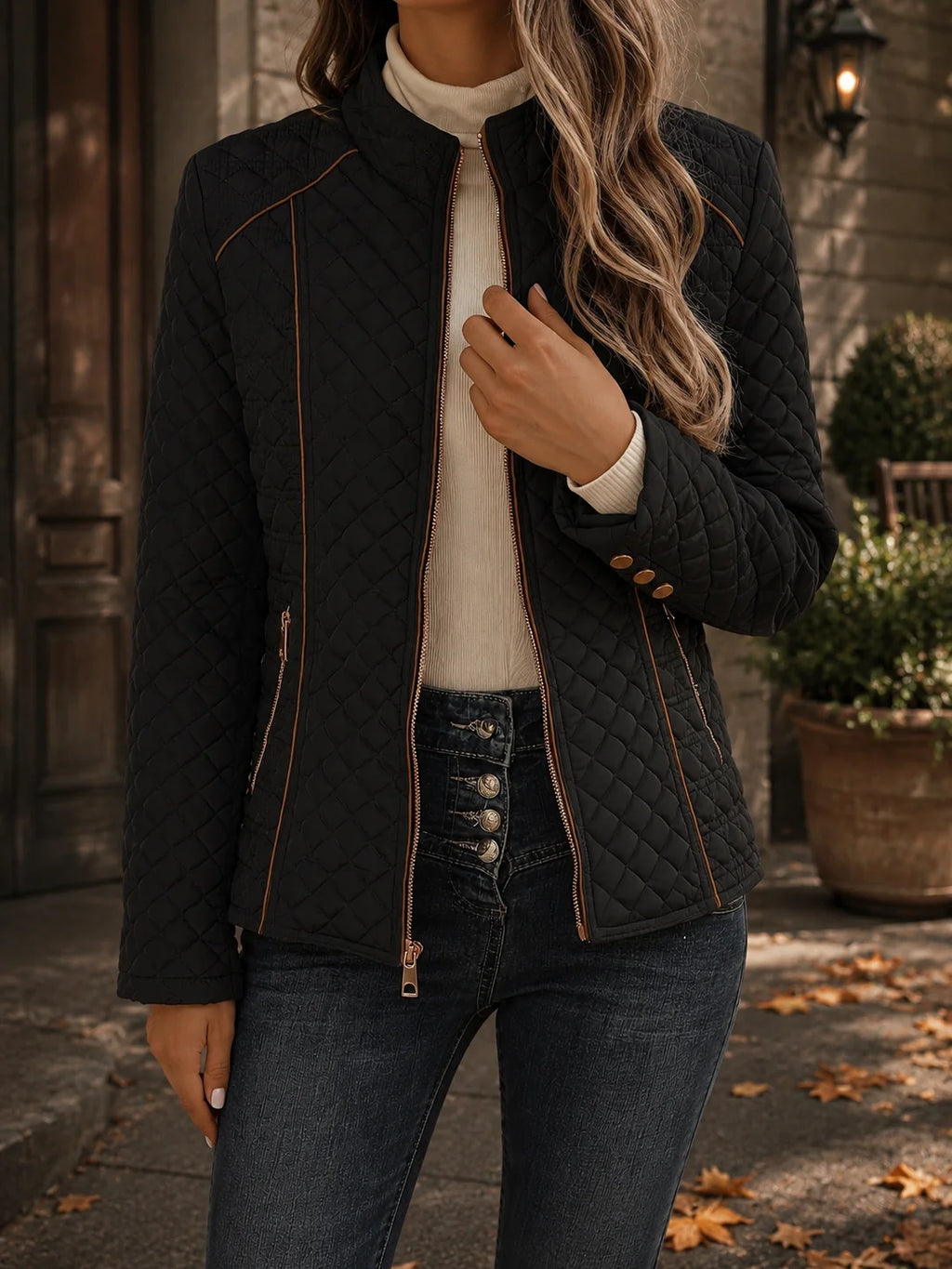 Women's black fitted diamond quilted jacket