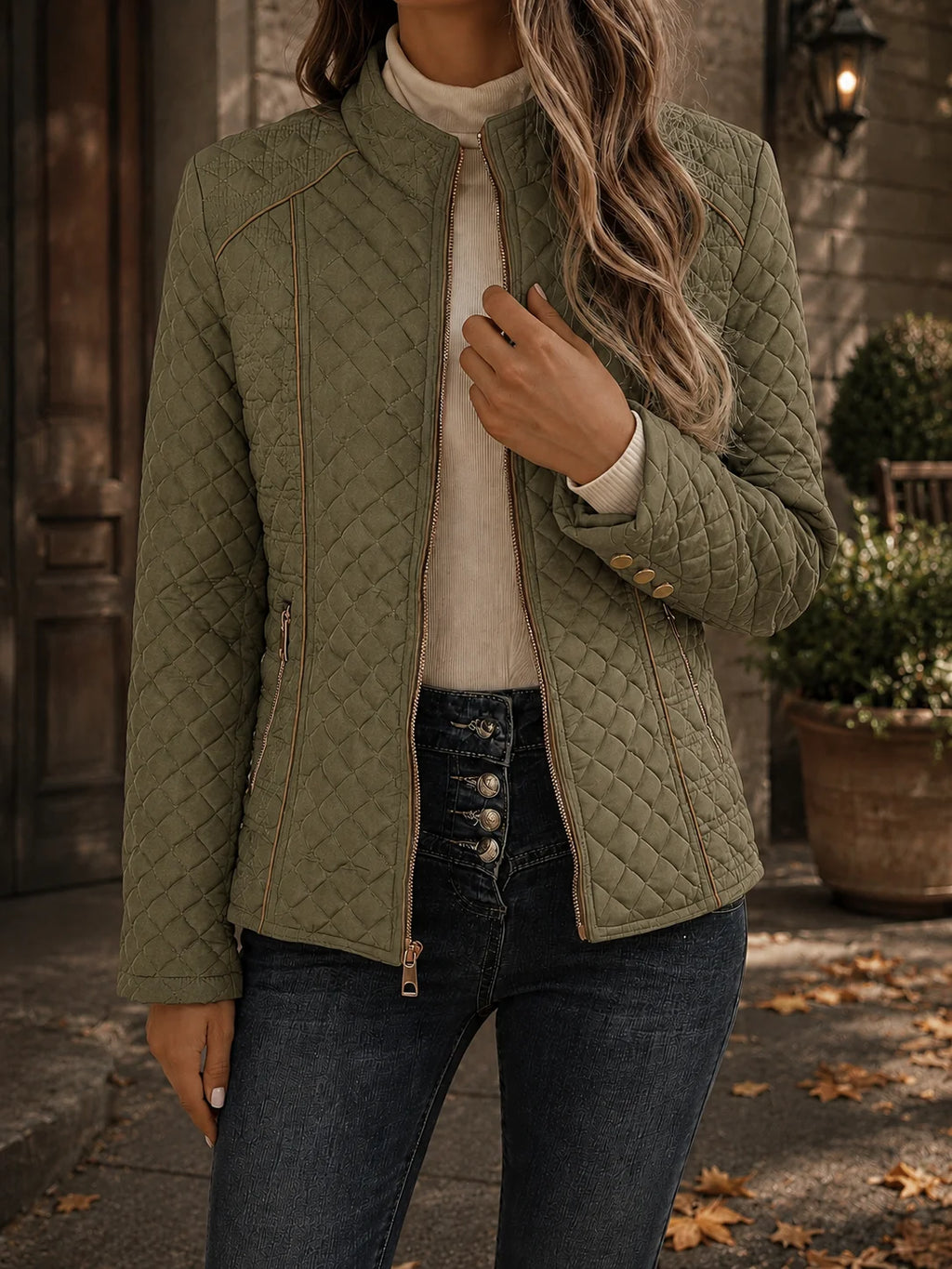 Women's army green fitted diamond quilted jacket