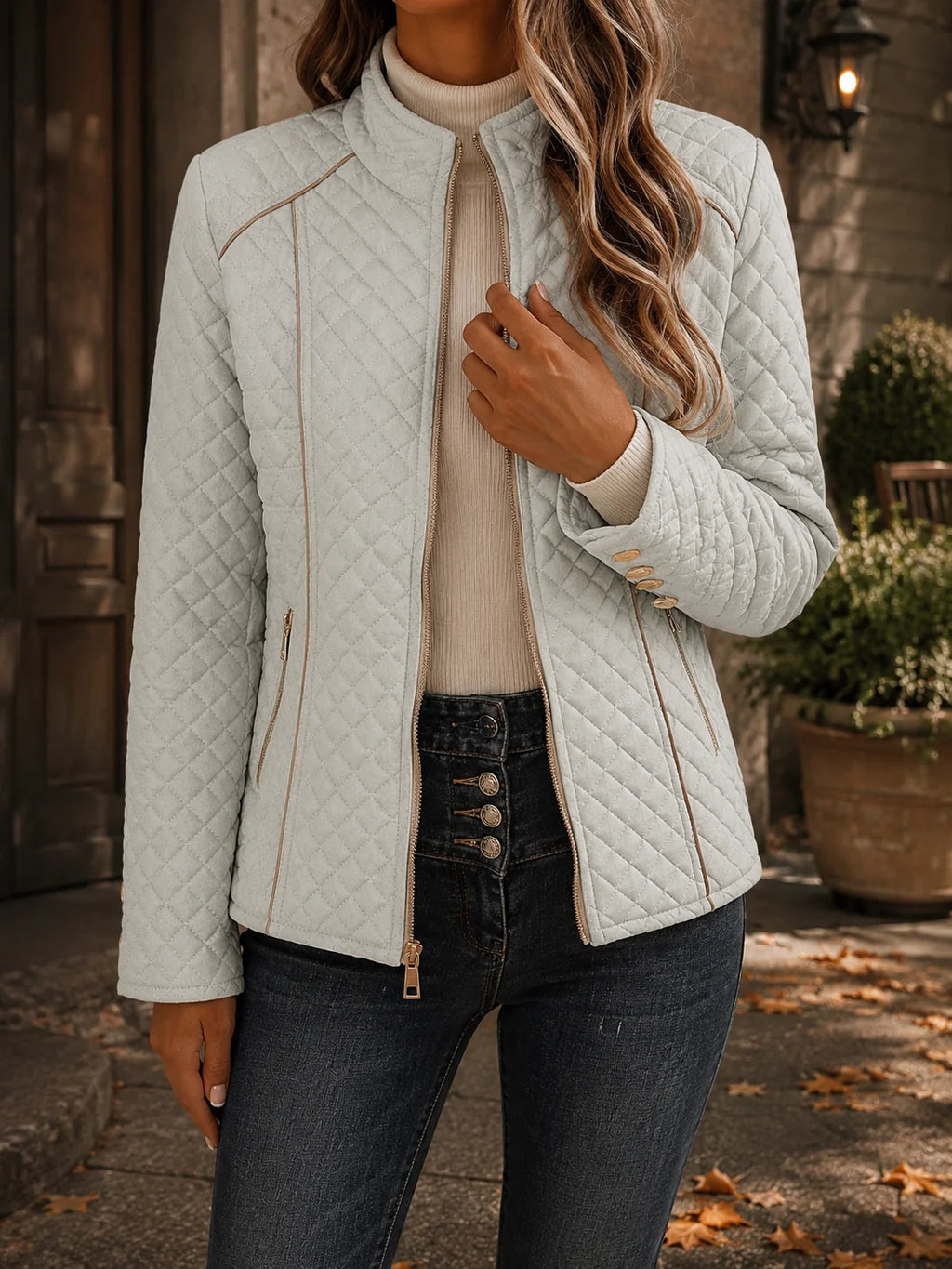 Women's light grey fitted diamond quilted jacket
