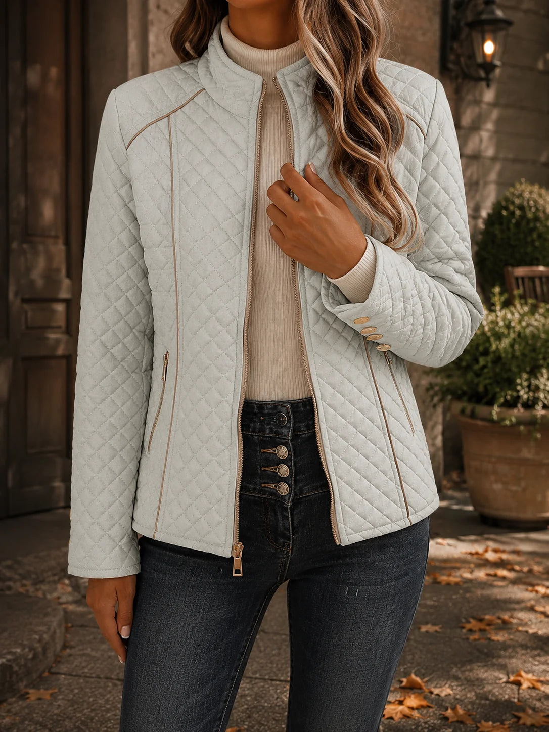 Women's light grey fitted diamond quilted jacket