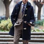 Hooded duffle coat with toggle fastening, front view
