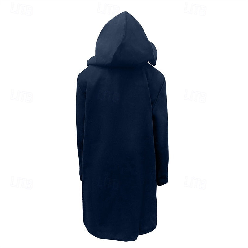 Hooded duffle coat with toggle fastening, side view