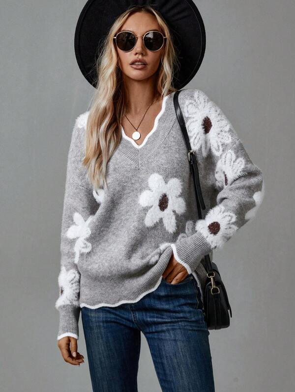 Women's floral daisy print v neck jumper