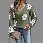 Women's olive green floral daisy print v neck jumper