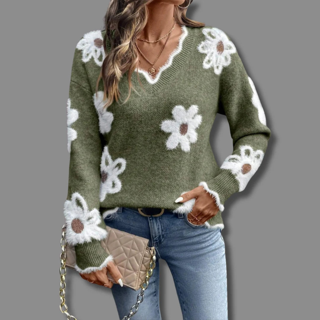 Women's olive green floral daisy print v neck jumper