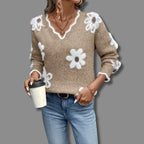 Women's tan floral daisy print v neck jumper