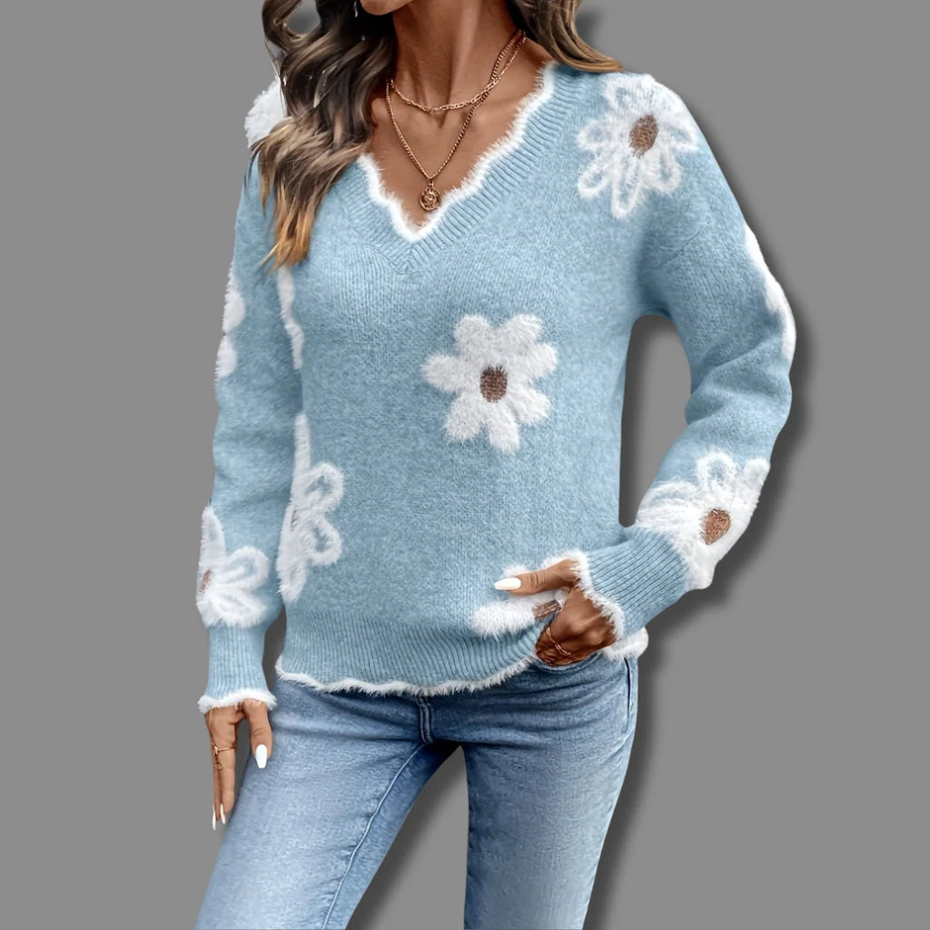Women's light blue floral daisy print v neck jumper