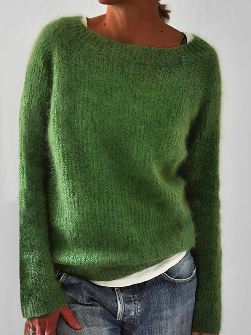 Women's green fluffy round neck jumper
