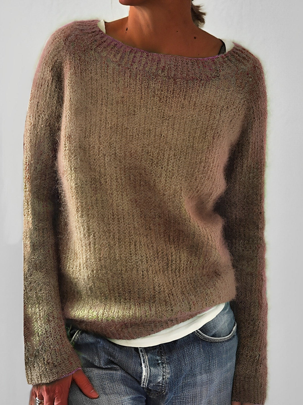Women's taupe fluffy round neck jumper