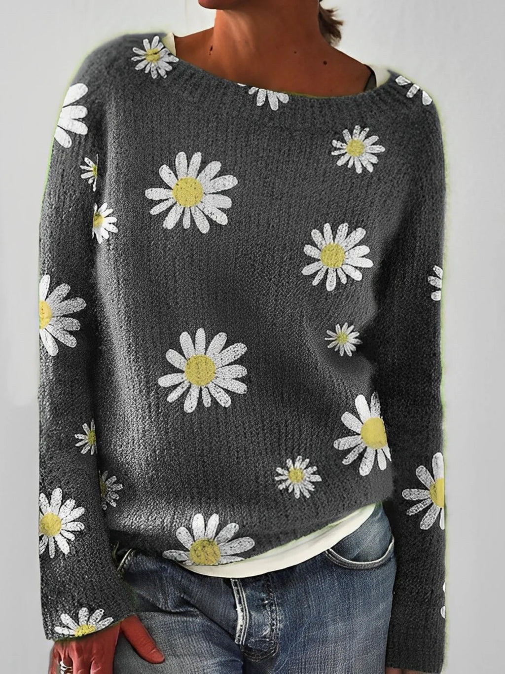Women's dark grey fluffy round neck jumper