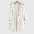 Women's white hooded fleece jacket with a plush zip-through front