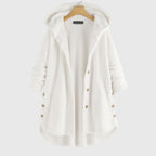 Women's white hooded fleece jacket with a plush zip-through front