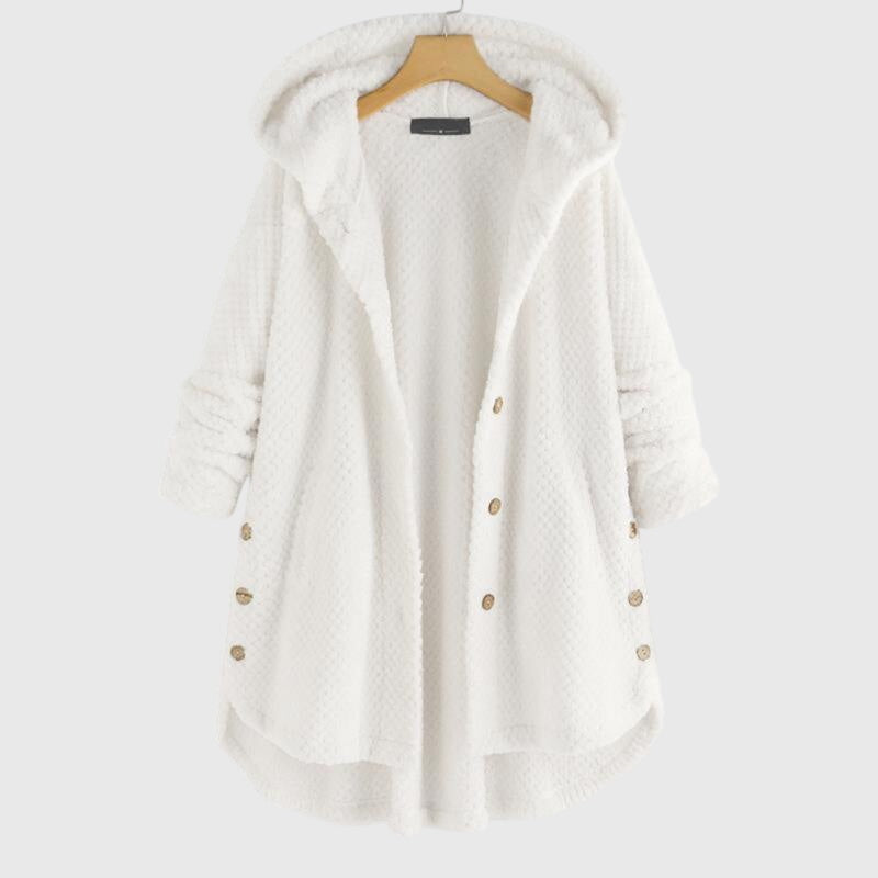 Women's white hooded fleece jacket with a plush zip-through front
