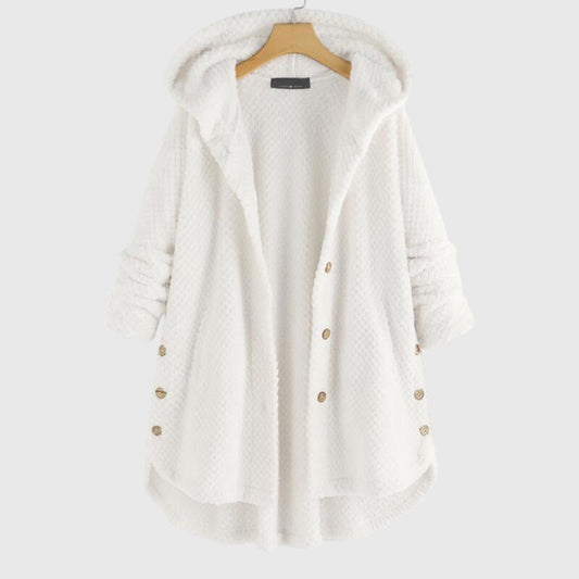 Women's white hooded fleece jacket with a plush zip-through front