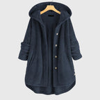 Women's white hooded fleece jacket with a plush zip-through front