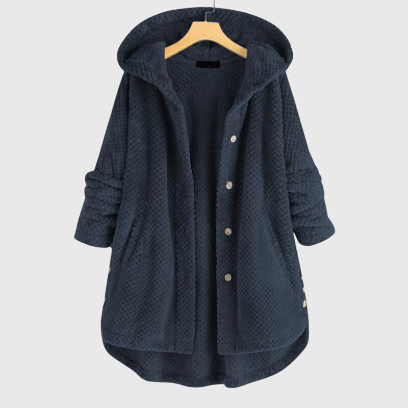 Women's white hooded fleece jacket with a plush zip-through front