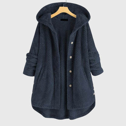 Women's white hooded fleece jacket with a plush zip-through front