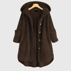 Women's white hooded fleece jacket with a plush zip-through front