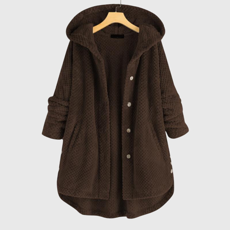 Women's white hooded fleece jacket with a plush zip-through front