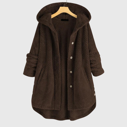 Women's white hooded fleece jacket with a plush zip-through front
