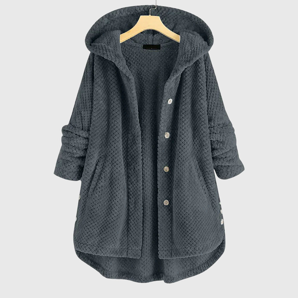 Women's white hooded fleece jacket with a plush zip-through front