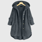 Women's white hooded fleece jacket with a plush zip-through front
