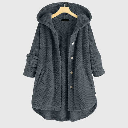Women's white hooded fleece jacket with a plush zip-through front