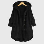Women's white hooded fleece jacket with a plush zip-through front