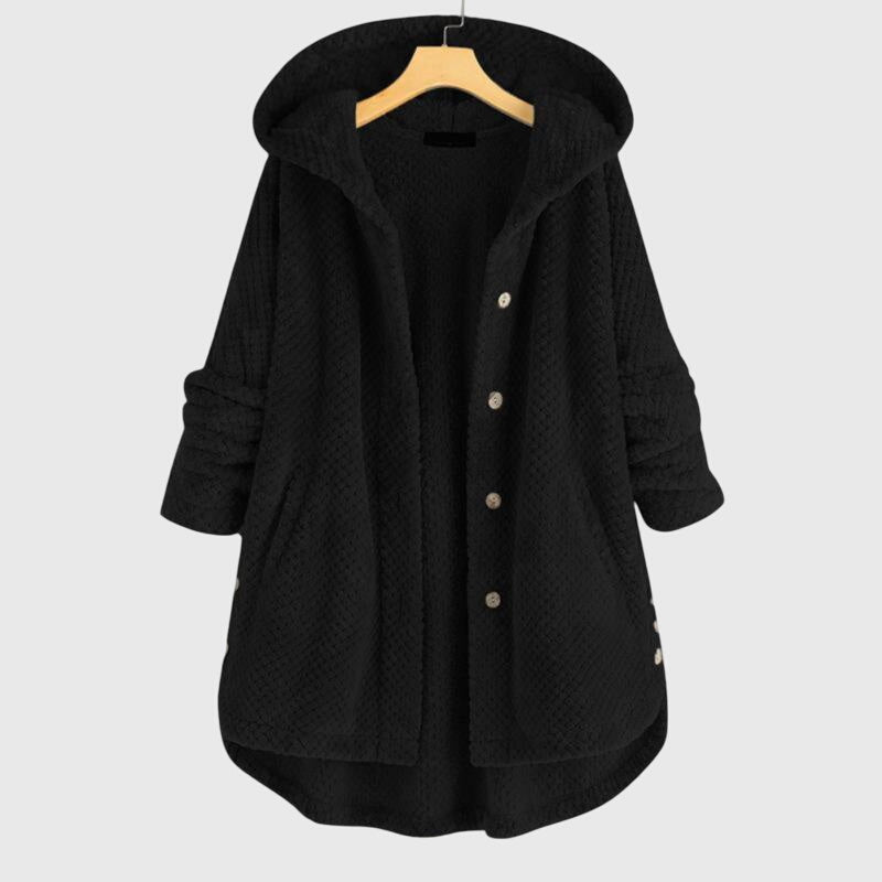 Women's white hooded fleece jacket with a plush zip-through front