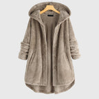 Women's white hooded fleece jacket with a plush zip-through front