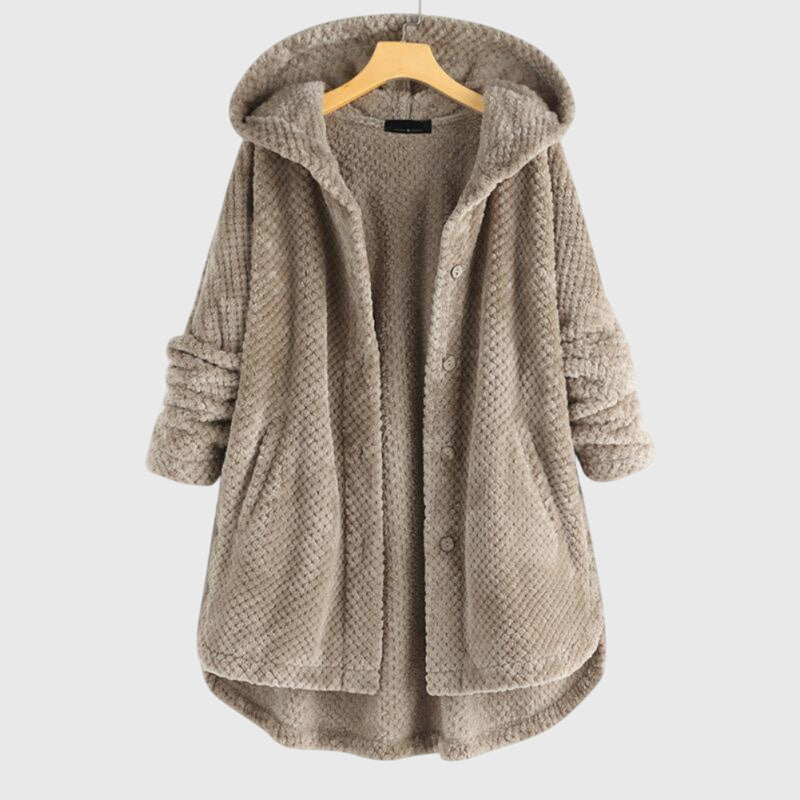 Women's white hooded fleece jacket with a plush zip-through front