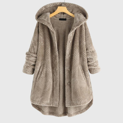 Women's white hooded fleece jacket with a plush zip-through front