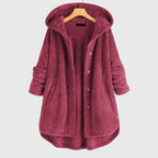 Women's white hooded fleece jacket with a plush zip-through front