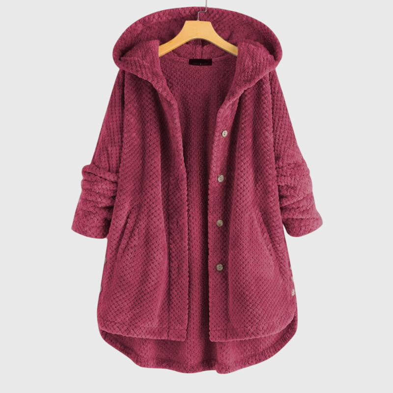 Women's white hooded fleece jacket with a plush zip-through front