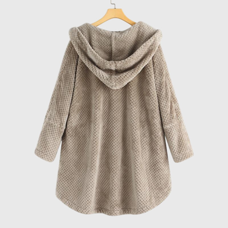 Women's grey hooded fleece jacket with a plush zip-through front