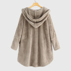 Women's grey hooded fleece jacket with a plush zip-through front