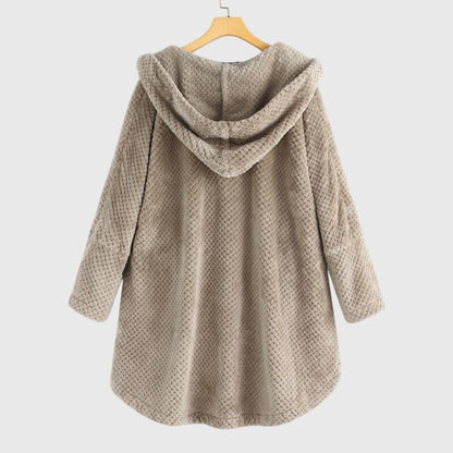 Women's grey hooded fleece jacket with a plush zip-through front