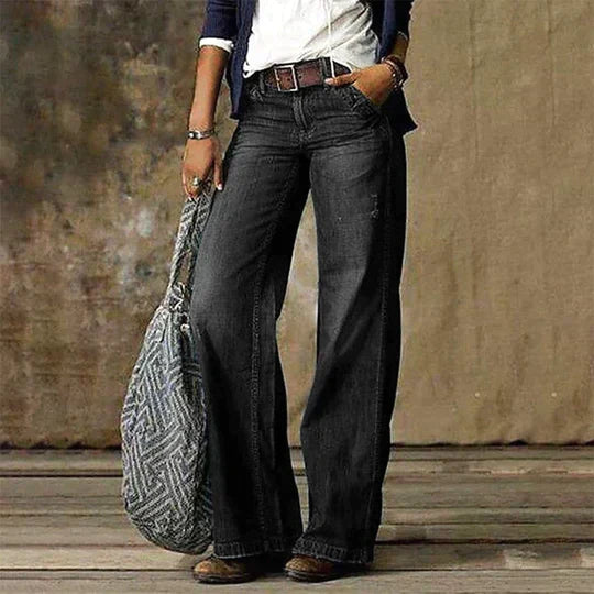 Women's black baggy wide leg jeans with a retro faded denim wash